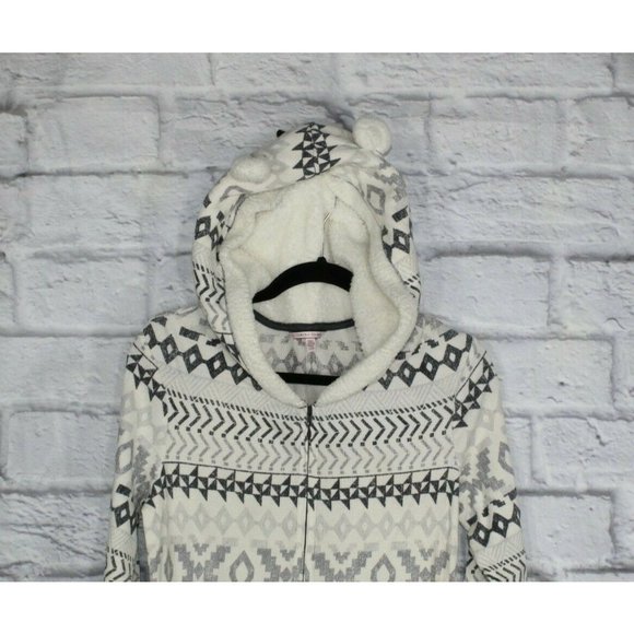 VICTORIA'S SECRET White Snowflakes Fleece Hooded Cozy Jumpsuit Size L - Picture 2 of 9